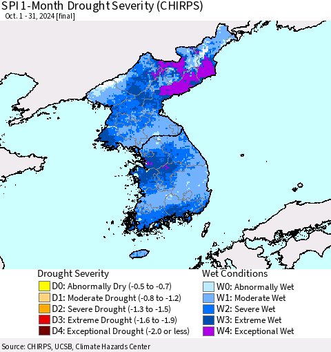 Korea SPI 1-Month Drought Severity (CHIRPS) Thematic Map For 10/1/2024 - 10/31/2024