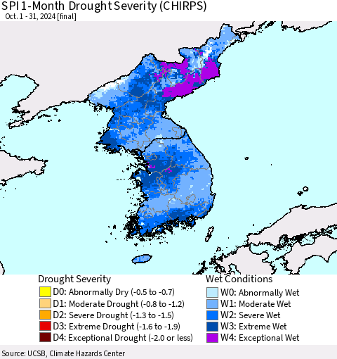 Korea SPI 1-Month Drought Severity (CHIRPS) Thematic Map For 10/1/2024 - 10/31/2024