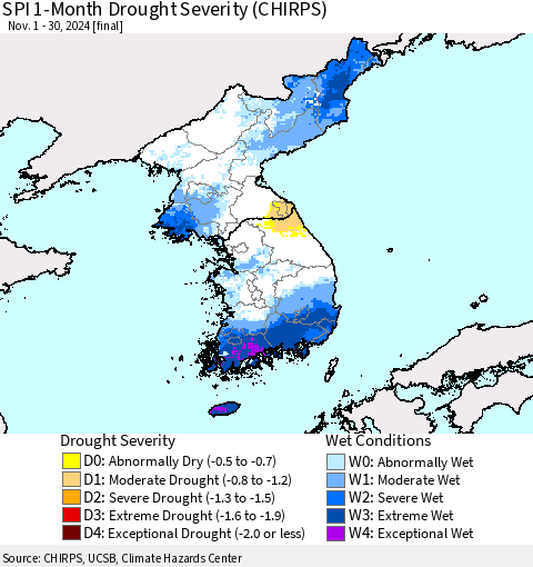 Korea SPI 1-Month Drought Severity (CHIRPS) Thematic Map For 11/1/2024 - 11/30/2024