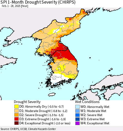 Korea SPI 1-Month Drought Severity (CHIRPS) Thematic Map For 2/1/2025 - 2/28/2025