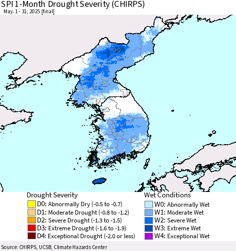 Korea SPI 1-Month Drought Severity (CHIRPS) Thematic Map For 5/1/2025 - 5/31/2025