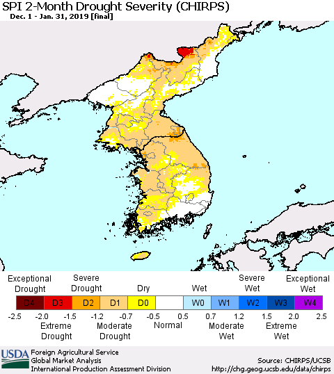 Korea SPI 2-Month Drought Severity (CHIRPS) Thematic Map For 12/1/2018 - 1/31/2019