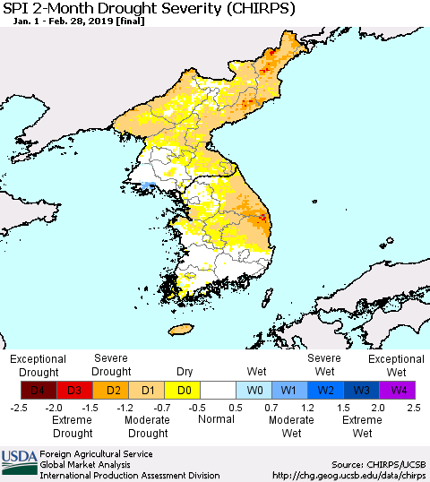 Korea SPI 2-Month Drought Severity (CHIRPS) Thematic Map For 1/1/2019 - 2/28/2019