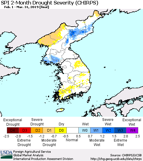 Korea SPI 2-Month Drought Severity (CHIRPS) Thematic Map For 2/1/2019 - 3/31/2019