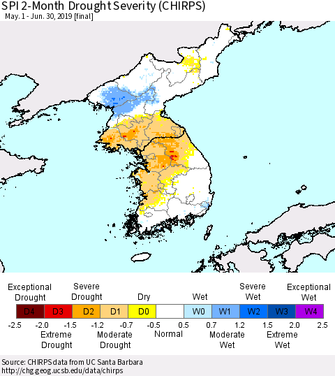 Korea SPI 2-Month Drought Severity (CHIRPS) Thematic Map For 5/1/2019 - 6/30/2019