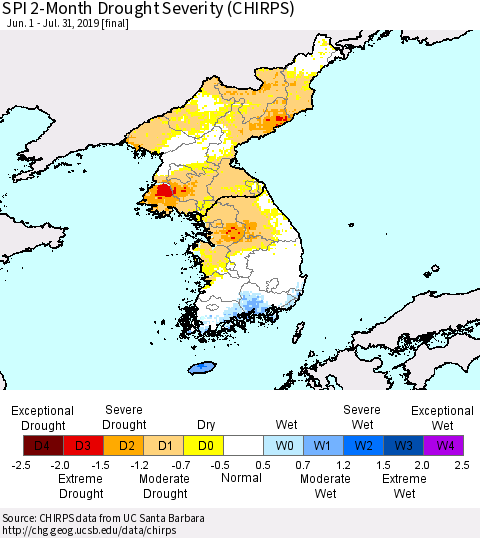 Korea SPI 2-Month Drought Severity (CHIRPS) Thematic Map For 6/1/2019 - 7/31/2019
