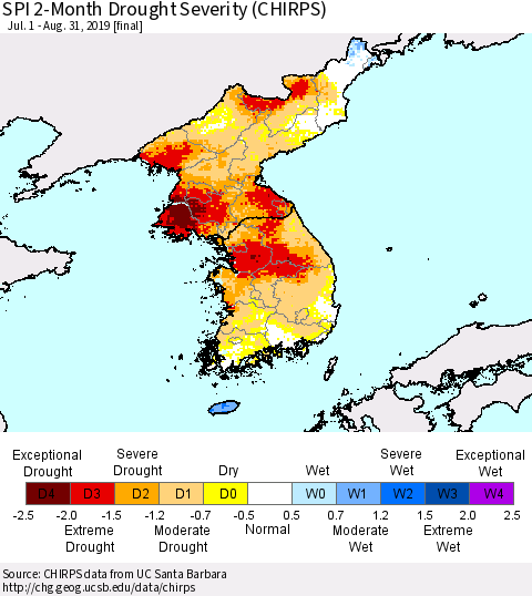 Korea SPI 2-Month Drought Severity (CHIRPS) Thematic Map For 7/1/2019 - 8/31/2019