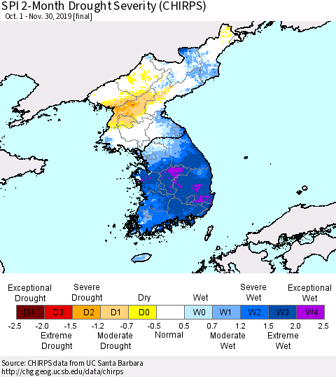 Korea SPI 2-Month Drought Severity (CHIRPS) Thematic Map For 10/1/2019 - 11/30/2019