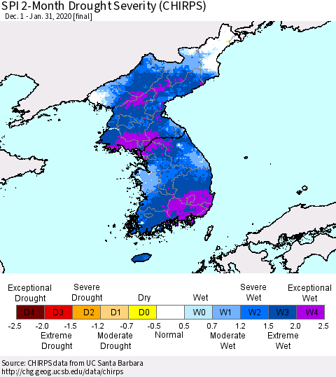 Korea SPI 2-Month Drought Severity (CHIRPS) Thematic Map For 12/1/2019 - 1/31/2020