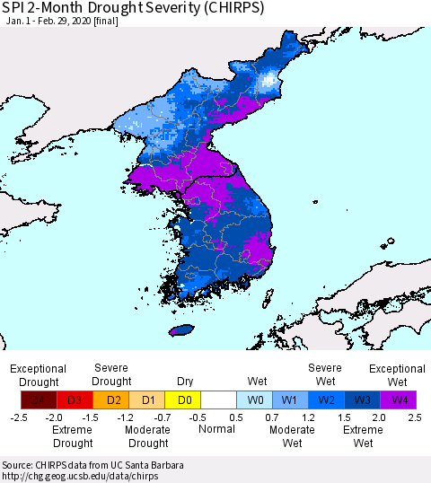 Korea SPI 2-Month Drought Severity (CHIRPS) Thematic Map For 1/1/2020 - 2/29/2020