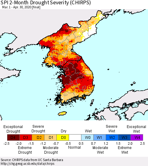 Korea SPI 2-Month Drought Severity (CHIRPS) Thematic Map For 3/1/2020 - 4/30/2020
