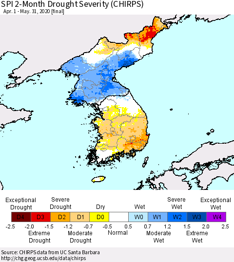 Korea SPI 2-Month Drought Severity (CHIRPS) Thematic Map For 4/1/2020 - 5/31/2020