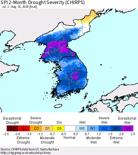Korea SPI 2-Month Drought Severity (CHIRPS) Thematic Map For 7/1/2020 - 8/31/2020