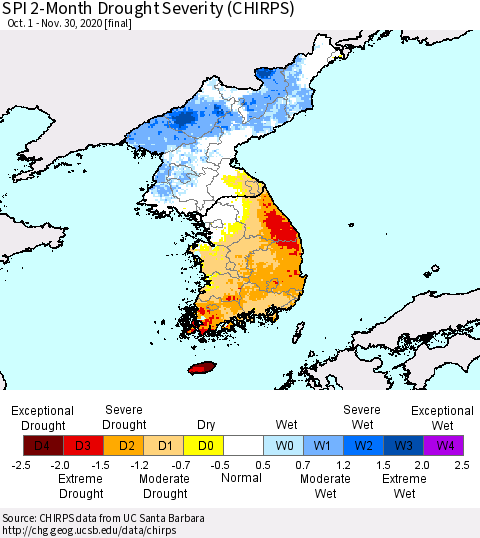 Korea SPI 2-Month Drought Severity (CHIRPS) Thematic Map For 10/1/2020 - 11/30/2020