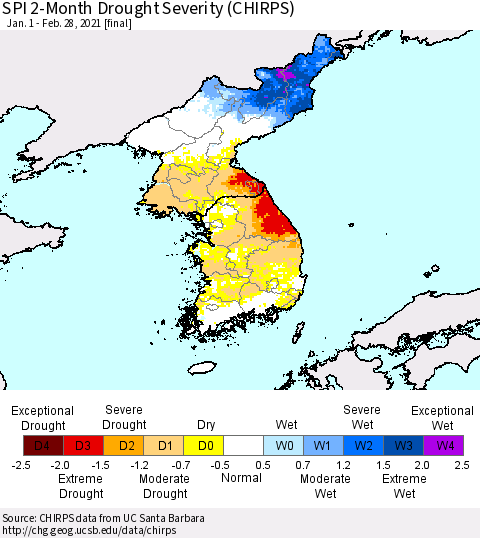 Korea SPI 2-Month Drought Severity (CHIRPS) Thematic Map For 1/1/2021 - 2/28/2021