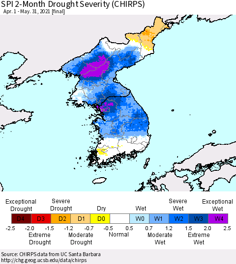 Korea SPI 2-Month Drought Severity (CHIRPS) Thematic Map For 4/1/2021 - 5/31/2021
