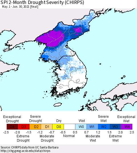 Korea SPI 2-Month Drought Severity (CHIRPS) Thematic Map For 5/1/2021 - 6/30/2021
