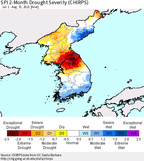 Korea SPI 2-Month Drought Severity (CHIRPS) Thematic Map For 7/1/2021 - 8/31/2021