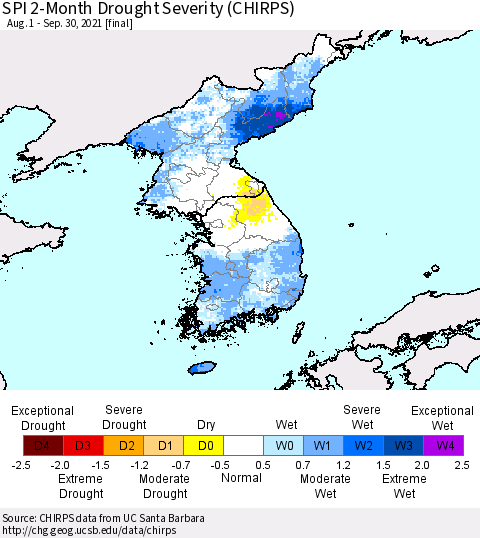 Korea SPI 2-Month Drought Severity (CHIRPS) Thematic Map For 8/1/2021 - 9/30/2021