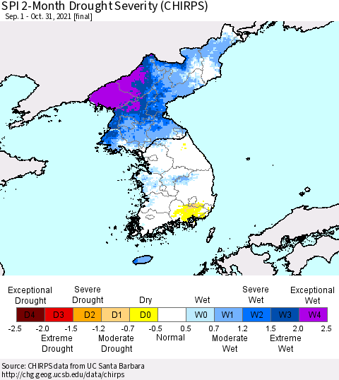 Korea SPI 2-Month Drought Severity (CHIRPS) Thematic Map For 9/1/2021 - 10/31/2021