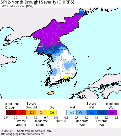Korea SPI 2-Month Drought Severity (CHIRPS) Thematic Map For 10/1/2021 - 11/30/2021