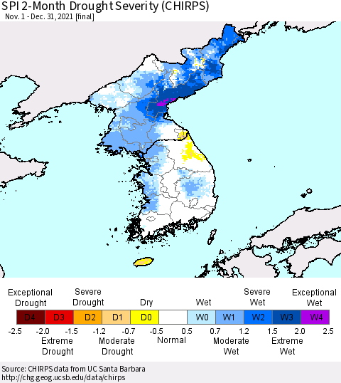 Korea SPI 2-Month Drought Severity (CHIRPS) Thematic Map For 11/1/2021 - 12/31/2021