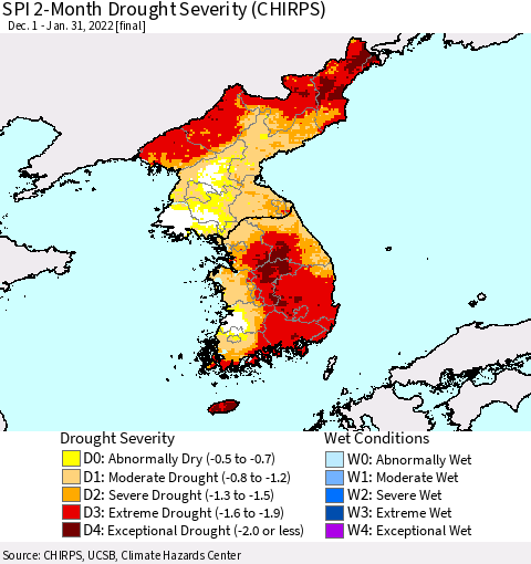 Korea SPI 2-Month Drought Severity (CHIRPS) Thematic Map For 12/1/2021 - 1/31/2022