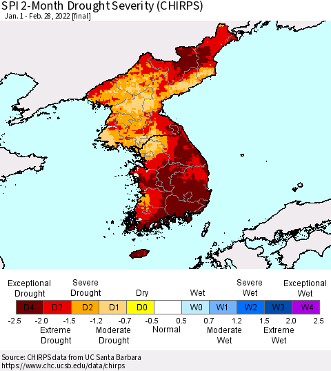 Korea SPI 2-Month Drought Severity (CHIRPS) Thematic Map For 1/1/2022 - 2/28/2022