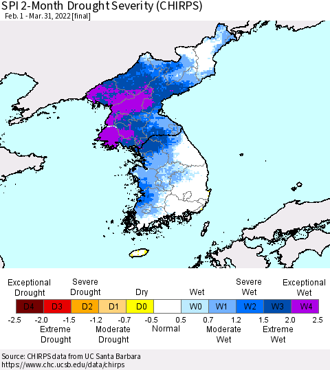 Korea SPI 2-Month Drought Severity (CHIRPS) Thematic Map For 2/1/2022 - 3/31/2022