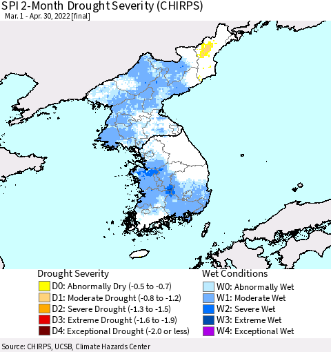 Korea SPI 2-Month Drought Severity (CHIRPS) Thematic Map For 3/1/2022 - 4/30/2022