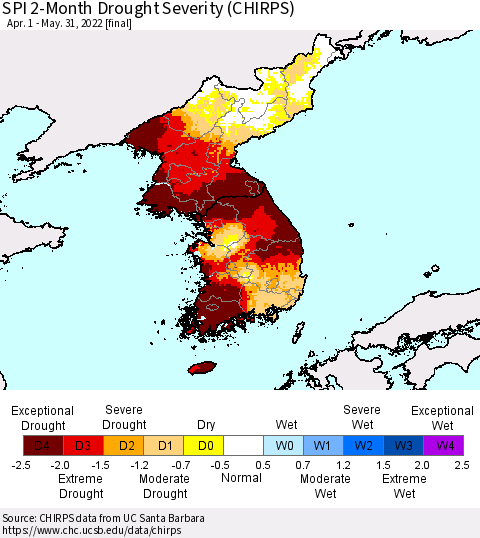 Korea SPI 2-Month Drought Severity (CHIRPS) Thematic Map For 4/1/2022 - 5/31/2022