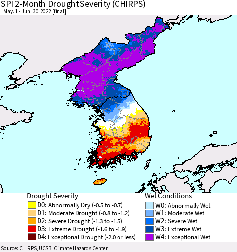 Korea SPI 2-Month Drought Severity (CHIRPS) Thematic Map For 5/1/2022 - 6/30/2022