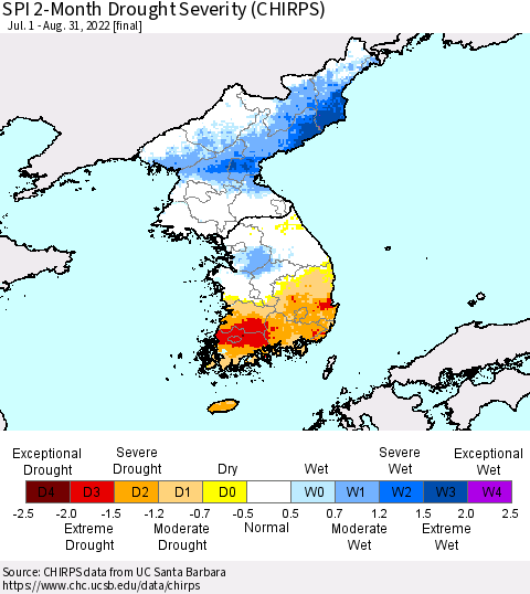 Korea SPI 2-Month Drought Severity (CHIRPS) Thematic Map For 7/1/2022 - 8/31/2022