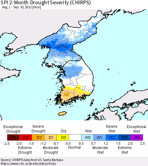 Korea SPI 2-Month Drought Severity (CHIRPS) Thematic Map For 8/1/2022 - 9/30/2022
