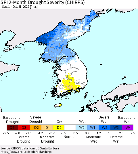 Korea SPI 2-Month Drought Severity (CHIRPS) Thematic Map For 9/1/2022 - 10/31/2022