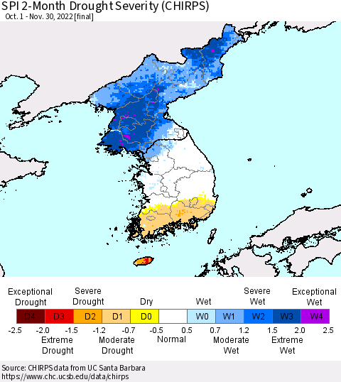 Korea SPI 2-Month Drought Severity (CHIRPS) Thematic Map For 10/1/2022 - 11/30/2022