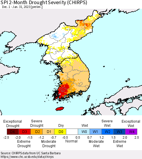 Korea SPI 2-Month Drought Severity (CHIRPS) Thematic Map For 12/1/2022 - 1/31/2023