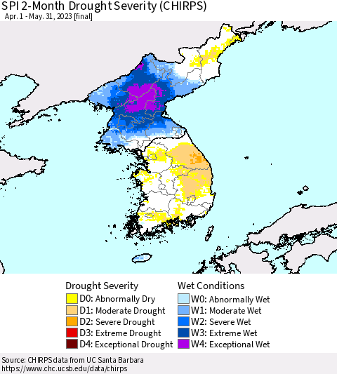 Korea SPI 2-Month Drought Severity (CHIRPS) Thematic Map For 4/1/2023 - 5/31/2023