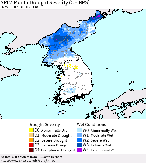Korea SPI 2-Month Drought Severity (CHIRPS) Thematic Map For 5/1/2023 - 6/30/2023