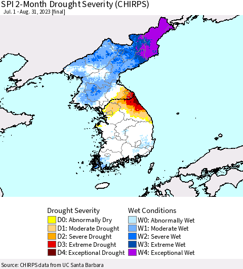 Korea SPI 2-Month Drought Severity (CHIRPS) Thematic Map For 7/1/2023 - 8/31/2023