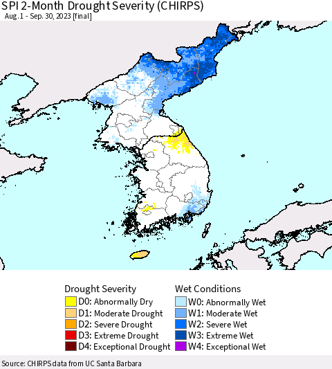 Korea SPI 2-Month Drought Severity (CHIRPS) Thematic Map For 8/1/2023 - 9/30/2023