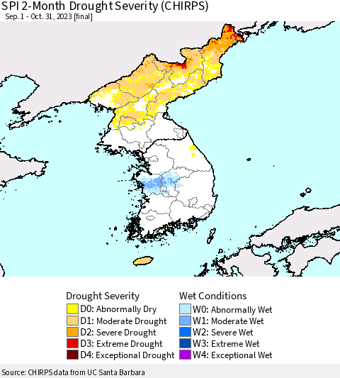 Korea SPI 2-Month Drought Severity (CHIRPS) Thematic Map For 9/1/2023 - 10/31/2023