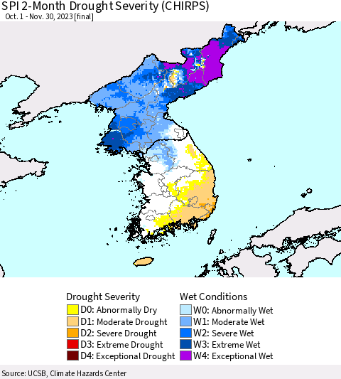 Korea SPI 2-Month Drought Severity (CHIRPS) Thematic Map For 10/1/2023 - 11/30/2023