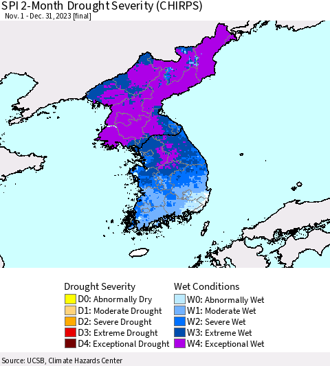 Korea SPI 2-Month Drought Severity (CHIRPS) Thematic Map For 11/1/2023 - 12/31/2023