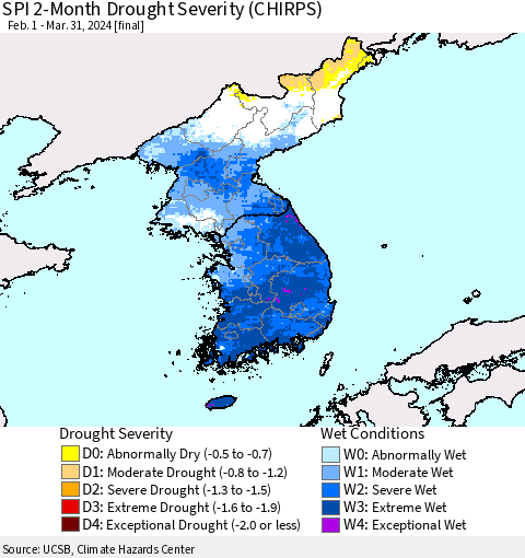 Korea SPI 2-Month Drought Severity (CHIRPS) Thematic Map For 2/1/2024 - 3/31/2024