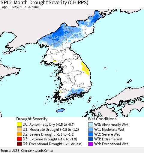 Korea SPI 2-Month Drought Severity (CHIRPS) Thematic Map For 4/1/2024 - 5/31/2024