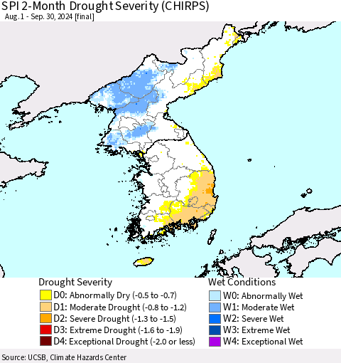 Korea SPI 2-Month Drought Severity (CHIRPS) Thematic Map For 8/1/2024 - 9/30/2024