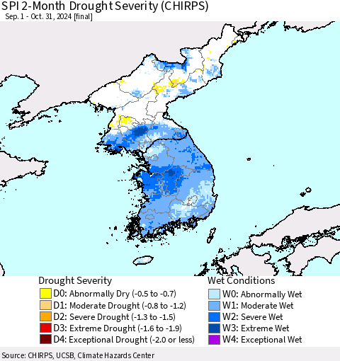 Korea SPI 2-Month Drought Severity (CHIRPS) Thematic Map For 9/1/2024 - 10/31/2024