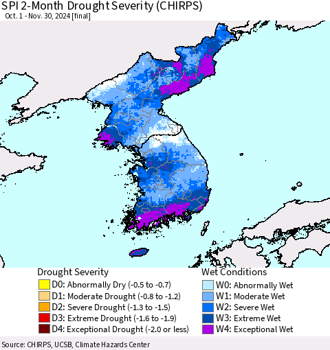 Korea SPI 2-Month Drought Severity (CHIRPS) Thematic Map For 10/1/2024 - 11/30/2024