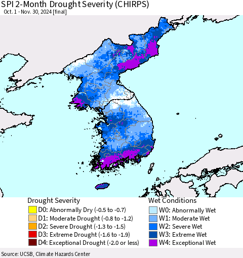 Korea SPI 2-Month Drought Severity (CHIRPS) Thematic Map For 10/1/2024 - 11/30/2024